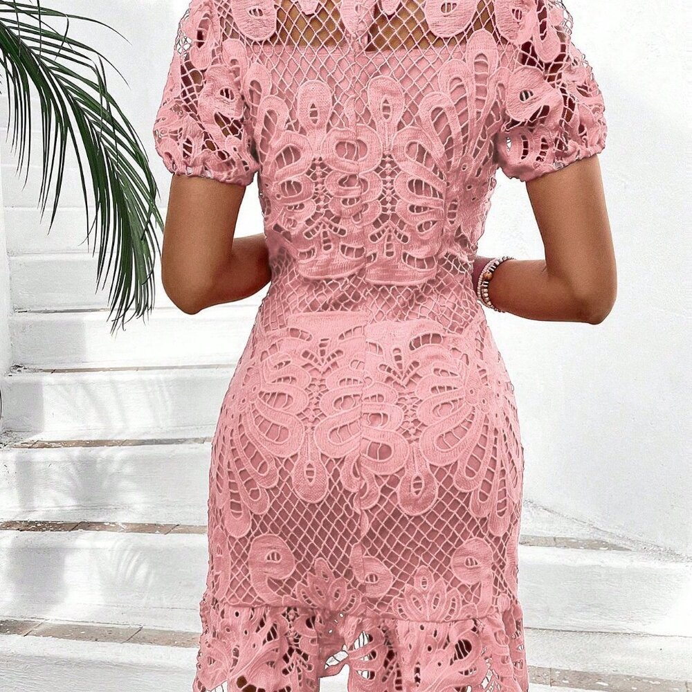 Pink Elegant Women's Lace Empire Waist Dress - Picture 2 of 6